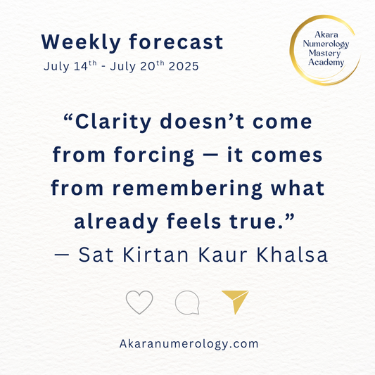 Akara Numerology Week 29 Forecast with Sat Kirtan – July 14–20, 2025. Theme: Align before action. Includes numbers for each day, spiritual mantra “Ek Ong Kar Sat Gur Prasaad,” and kriya for inner clarity.