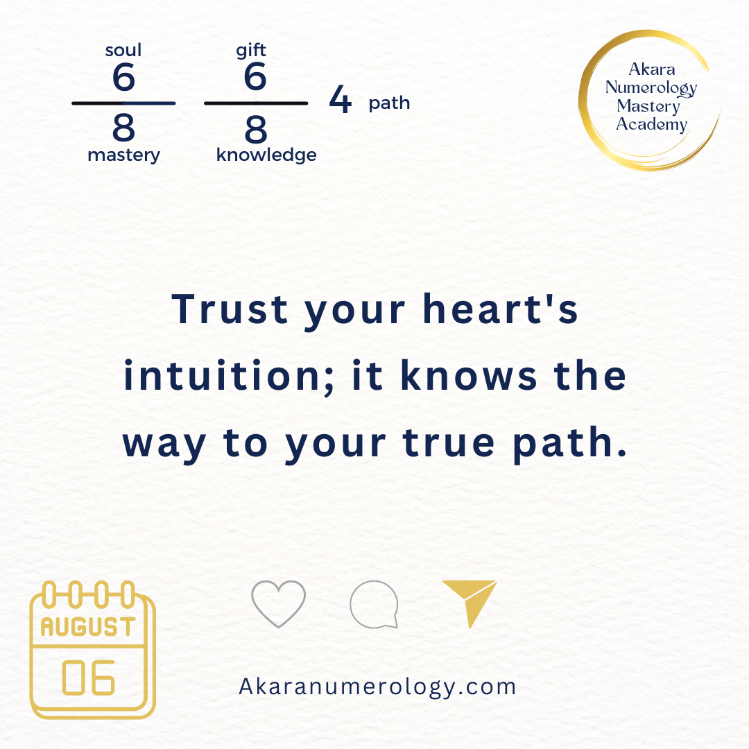 August 6th 2024: Trust your heart's intuition; it knows the way to your true path.