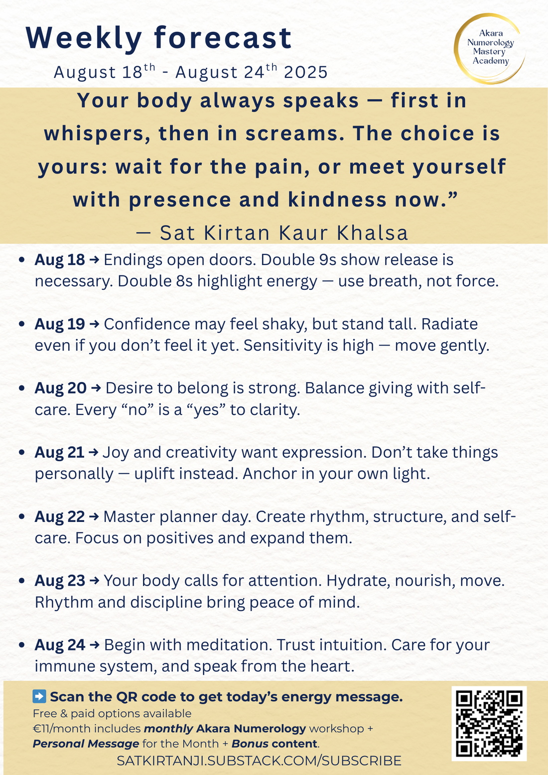 Week 34 Akara Numerology Forecast (August 18–24, 2025) — Numbers 14/5 and 16/7 guiding body wisdom and kindness