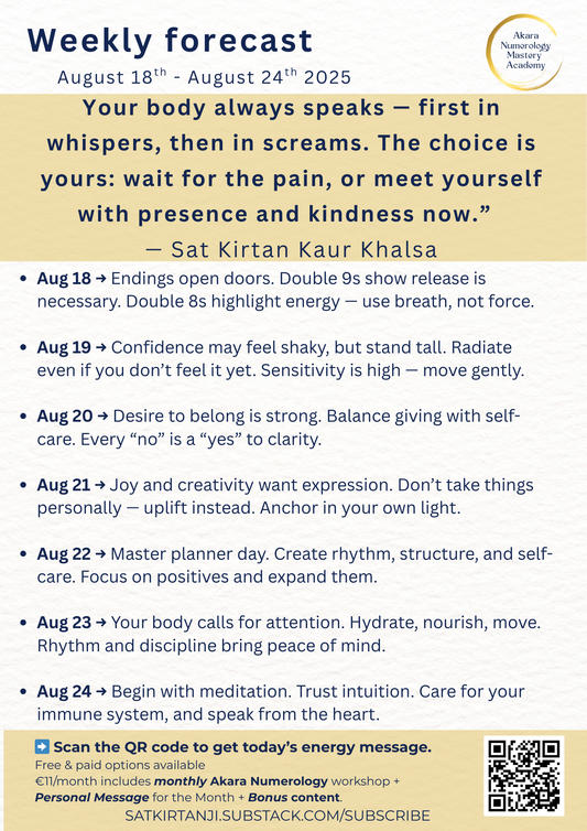 Week 34 Akara Numerology Forecast (August 18–24, 2025) — Numbers 14/5 and 16/7 guiding body wisdom and kindness
