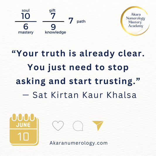 Daily forecast for June 10th, 2025 with AkaraNumerology.com branding and daily quote.