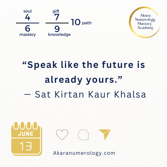 Inspirational quote over a minimalist background — "Speak like the future is already yours" with akaranumerology.com and the date June 13, 2025