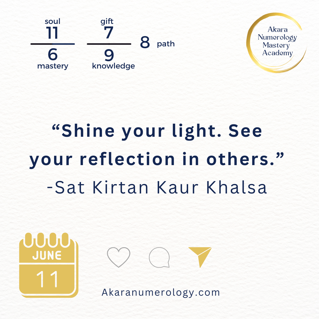 Quote image for June 11th, 2025: “Shine your light. See your reflection in others.” – Sat Kirtan, www.akaranumerology.com