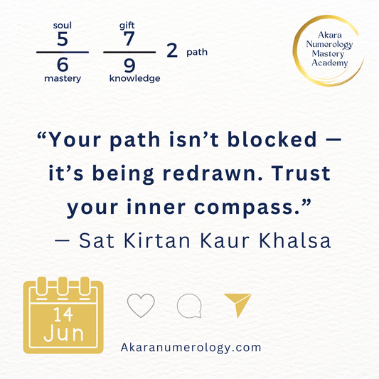 Daily Akara Numerology Forecast for June 14, 2025 – Trust the Way Through, featuring mantra Jai Te Gang and kriya for clearing blocks.