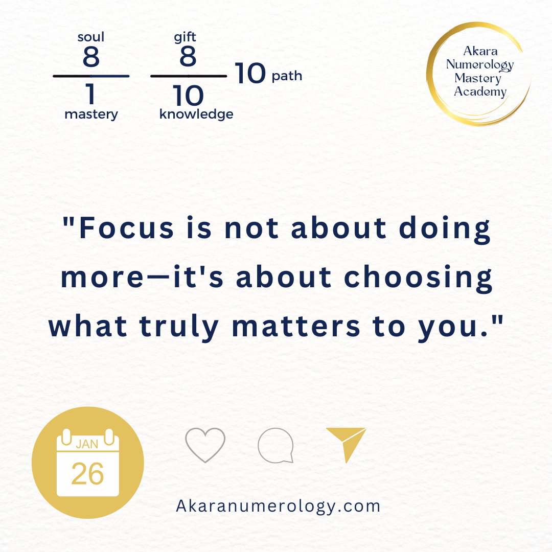 "Focus is not about doing more—it's about choosing what truly matters to you." Monday, January 26, 2026 Soul 8 | Mastery 1 | Gift 8 | Knowledge 10 | Path 10 Akaranumerology.com