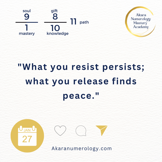 "What you resist persists; what you release finds peace." Tuesday, January 27, 2026 Soul 9 | Mastery 1 | Gift 8 | Knowledge 10 | Path 11 Akaranumerology.com
