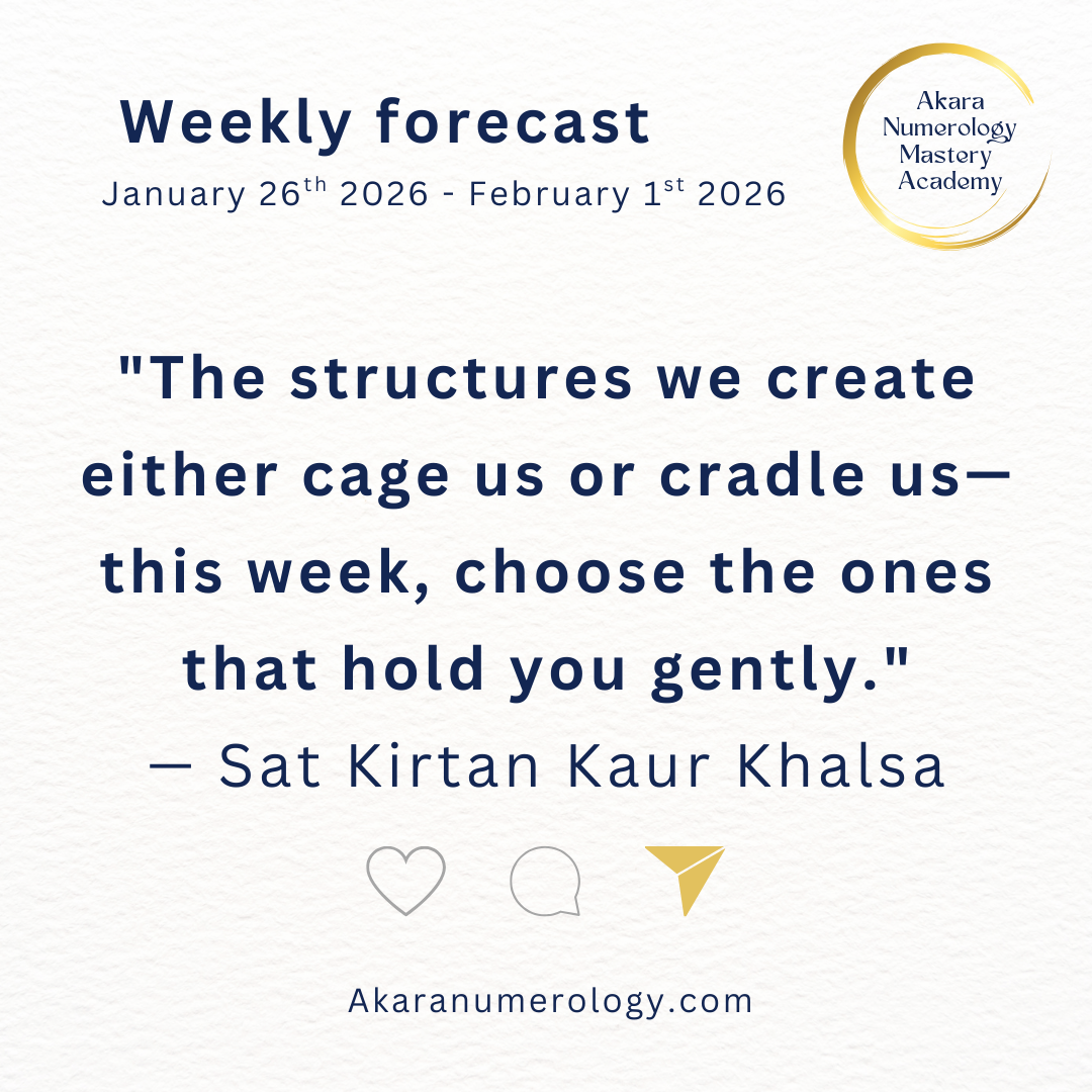 "The structures we create either cage us or cradle us—this week, choose the ones that hold you gently." Week 5: January 26 - February 1, 2026 Supportive Number: 4 | Overall Number: 6 Akaranumerology.com
