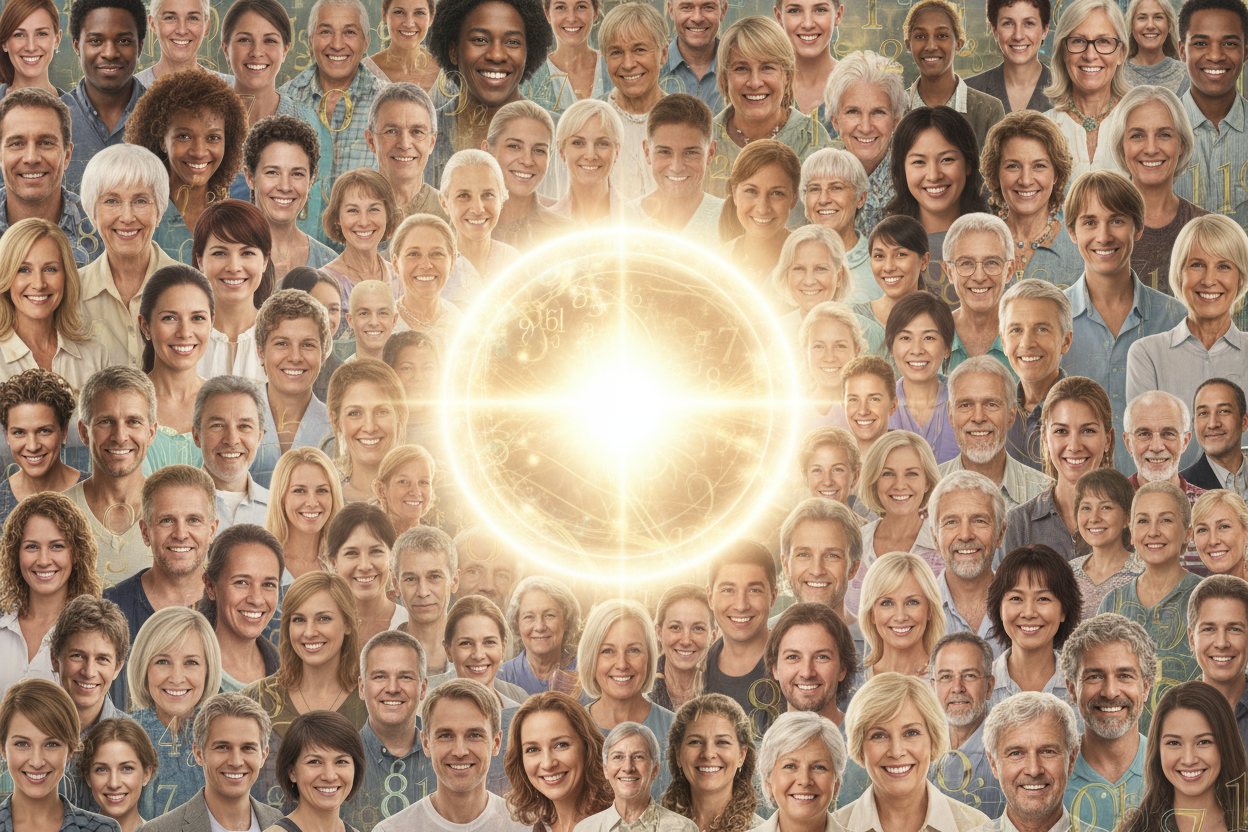 collage of community faces or symbolic circle of light.
 Accent motif: subtle 1–11 number pattern in gold or soft turquoise.