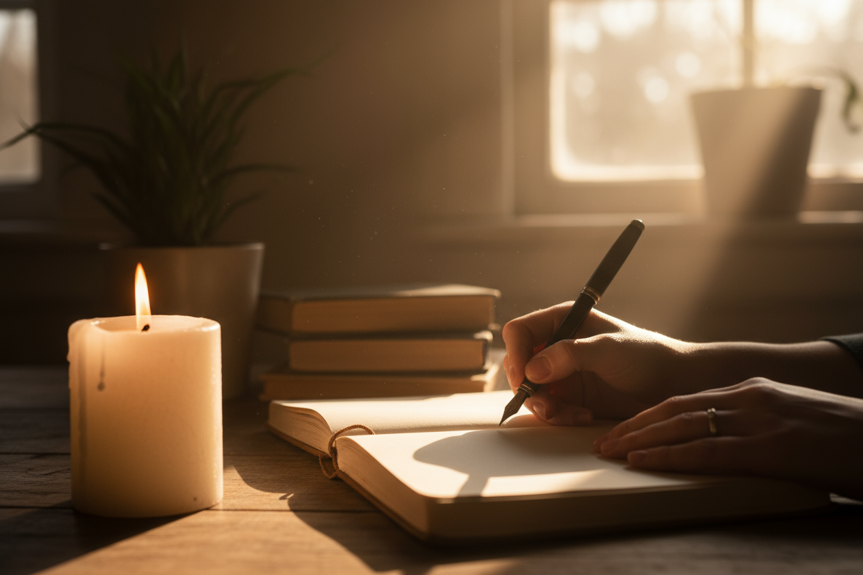Image: open notebook, glowing candle, soft sunlight — hands writing.
 Mood: calm, intentional, sacred.